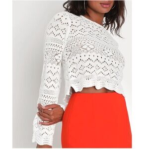 Lulus Perfect Outlook Ivory Crochet Long Sleeve Cropped Sweater Top in Large